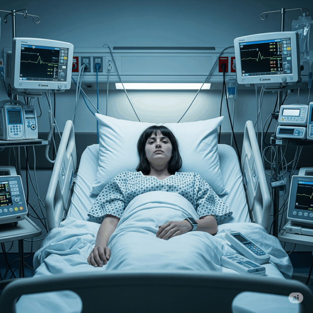 patient at a hospital bed with IoT devices around her. AI-generated.