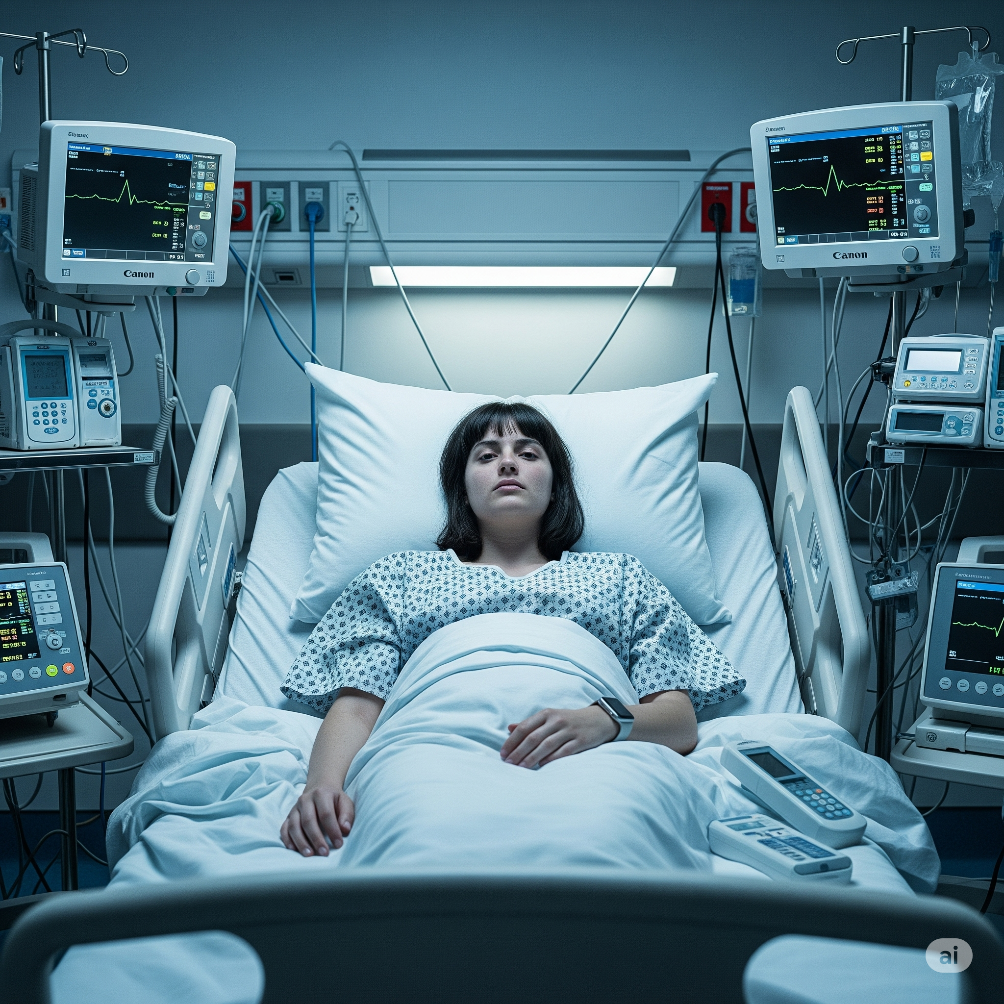 patient at a hospital bed with IoT devices around her. AI-generated.